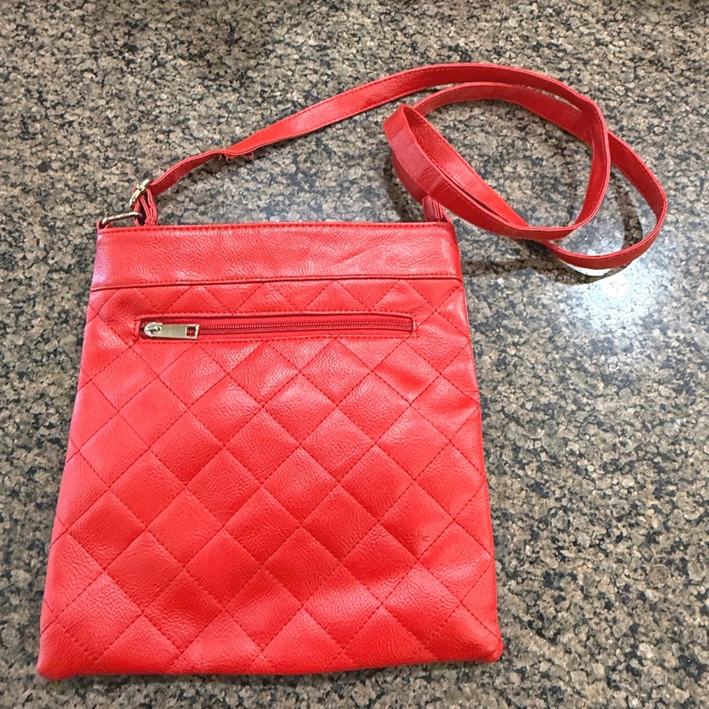 Red Quilted Vegan Leather Crossbody Bag Front Zip Pocket Adjustable Strap Slim